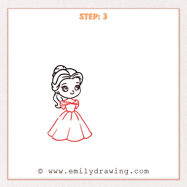 how to draw a beauty and the beast - Step 3: Belle’s dress is drawn with an off-shoulder bodice and a wide skirt with folds.